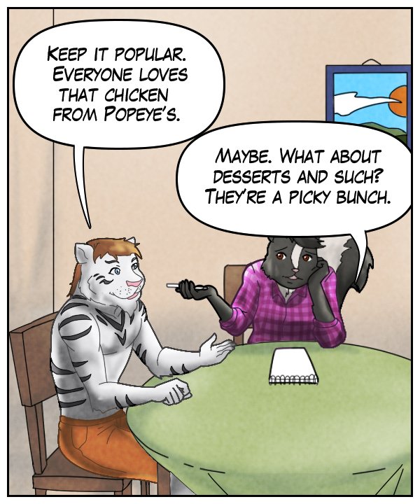 Theo: “Keep it popular. Everyone loves that chicken from Popeye’s.” Ophelia: “Maybe. What about deserts and such? They’re a picky bunch.”