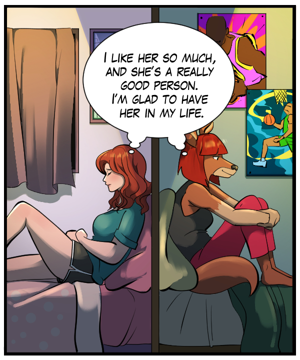 Sheila and Nickey (same thought bubble): I like her so much, and she’s a really good person. I’m glad to have her in my life.