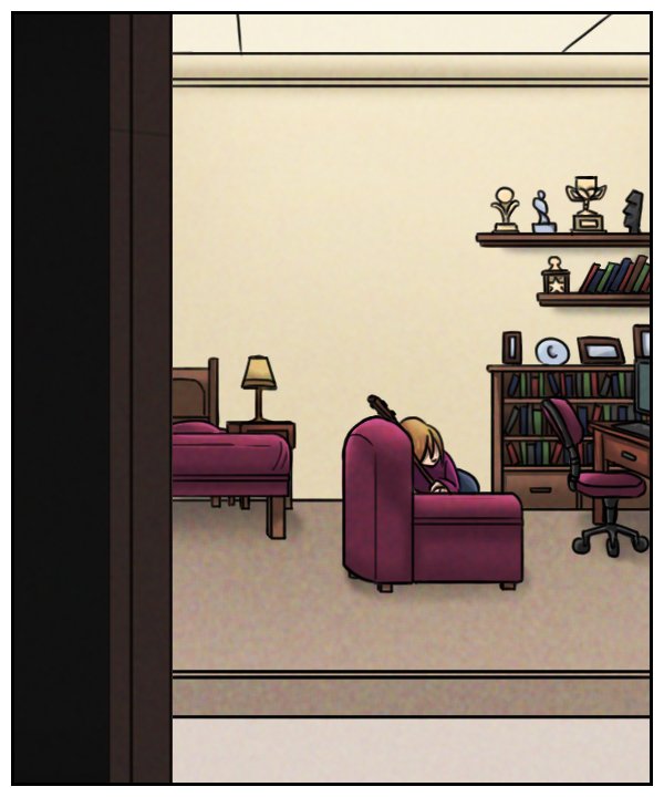 Peeking in, he sees the girl dozing on a sofa.