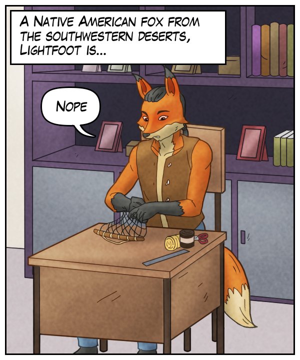 Narration bar: “A Native American fox from the southwestern deserts, Lightfoot is…” Lightfoot: “Nope.”