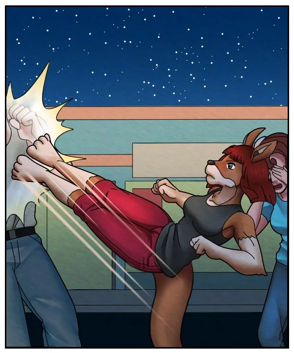 To us, Sheila appears to have kicked the guy with both feet.