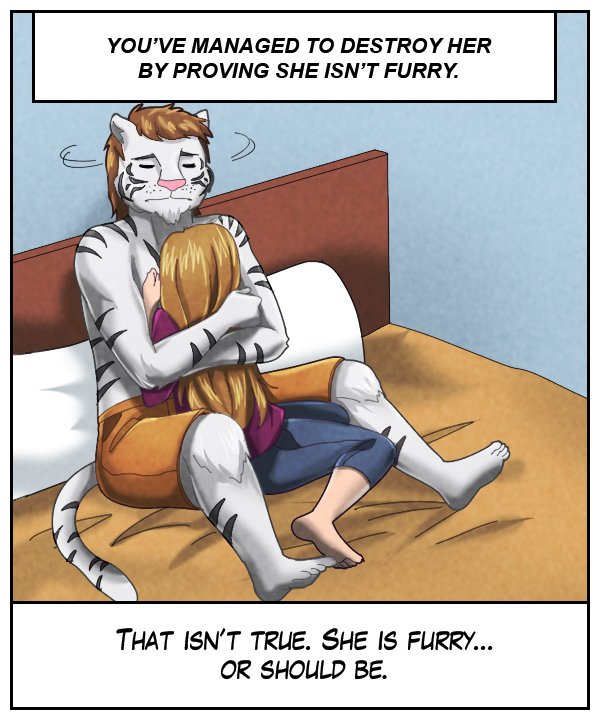 Upper narration bar: You’ve managed to destroy her by proving she isn’t furry. Lower narration bar: That isn’t true. She is furry… or should be.