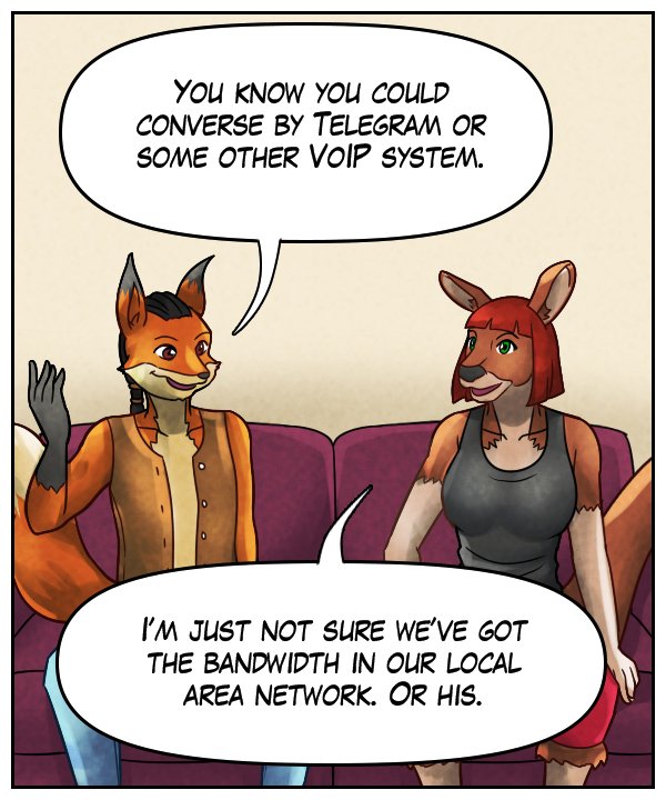 Lightfoot: “You know you could converse by Telegram or some other VoIP system.” Sheila: “I’m just not sure we’ve got the bandwidth in our Local Area Network, or his.”