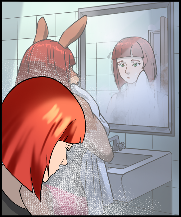 Sheila is recalling being in the bathroom of the house, the previous night, when she imagined seeing her human face in the mirror.