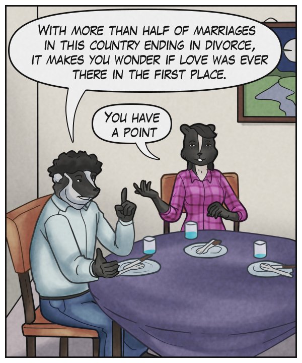 Caedmon: “With more than half of marriages in this country ending in divorce, it makes you wonder if love was ever there in the first place.” Ophelia: “You have a point.”