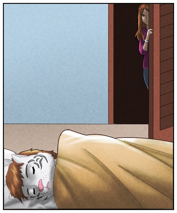 Unknown to Theo, the girl from the morning appears in the closet doorway.