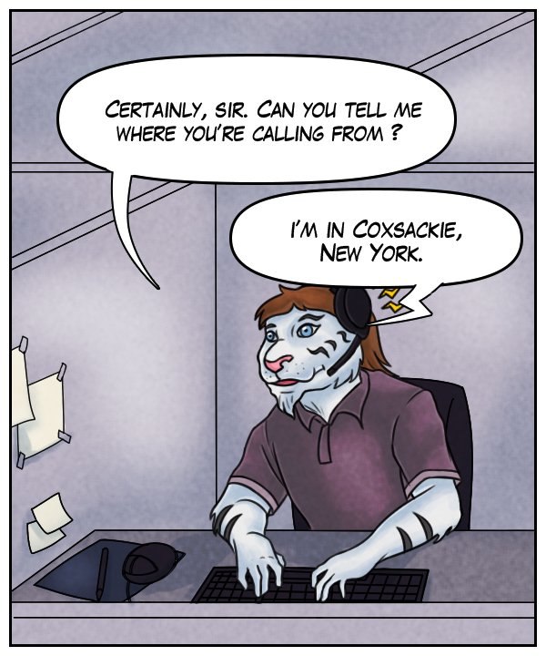 Theo: “Certainly, sir. Can you tell me where you’re calling from?” Voice on phone: “I’m in Coxsackie, New York.”