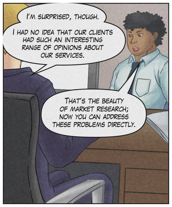 Supervisor: “I’m surprised, though. I had no idea that our clients had such an interesting range of opinions about our services.” Caedmon: “That’s the beauty of market research; now you can address these problems directly.”