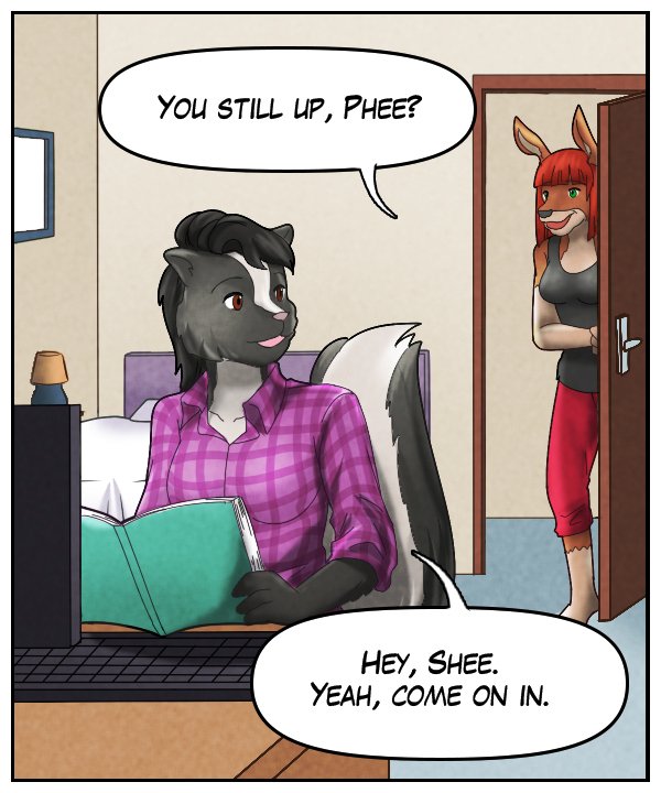 Sheila: “You still up, Phee?” Ophelia: “Hey, Shee. Yeah, come on in.”