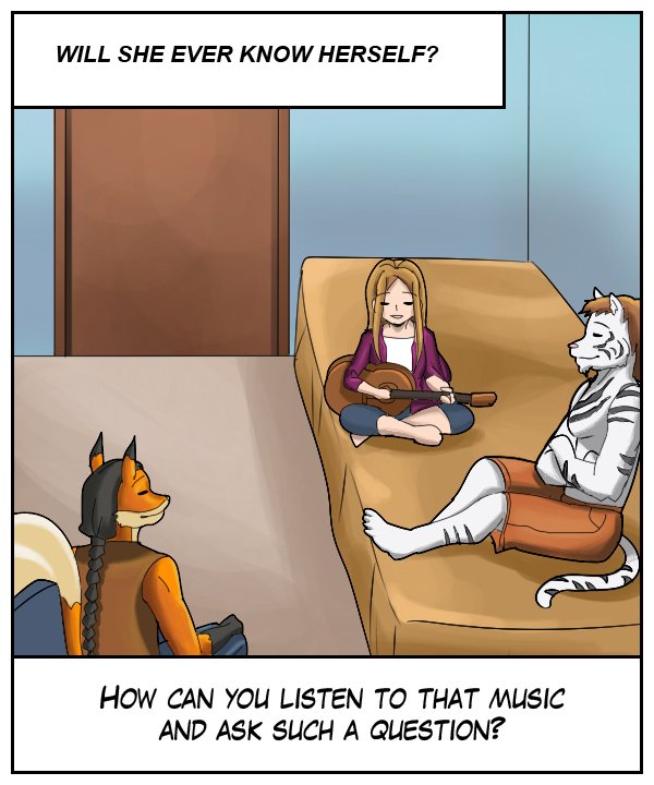 Upper narration bar: Will she ever know herself? Lower narration bar: How can you listen to that music and ask such a question?