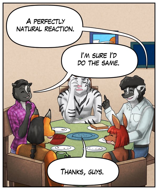 Caedmon: “A perfectly natural reaction.” Ophelia: “I’m sure I’d do the same.” Theo: “Thanks, guys.”