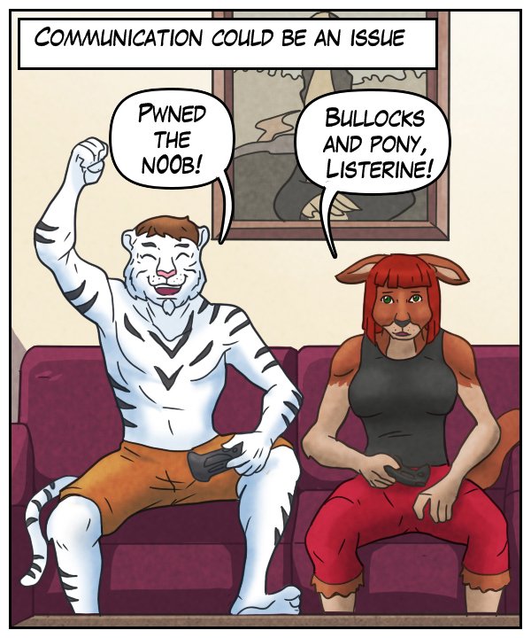 Narration bar: “Communication could be an issue.” Theo: “Pwned the n00b!” Sheila: “Bullocks and pony, Listerine!”