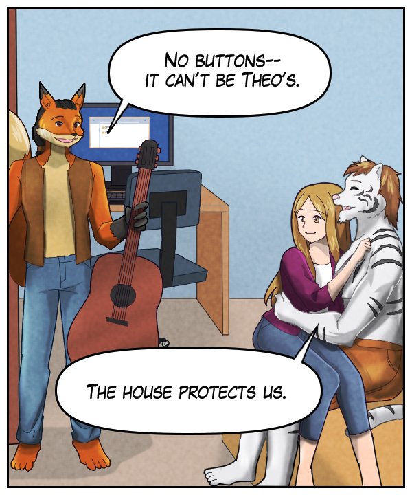 Lightfoot: “No buttons – it can’t be Theo’s.” Theo: “The house protects us.”