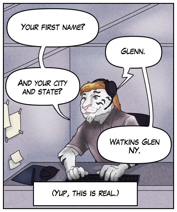 Theo: “Your first name?” Voice on phone: “Glen.” Theo: “And your city and state?” Voice on phone: “Watkins Glen NY.” Narration bar: Yup this is real.