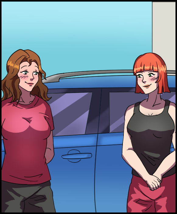 The two ladies gaze fondly at each other, blushing.