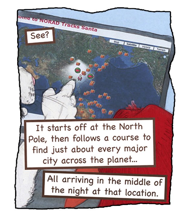 Theo: “See? It starts off at the North Pole, then follows a course to find just about every major city across the planet… all arriving in the middle of the night at that location.”
