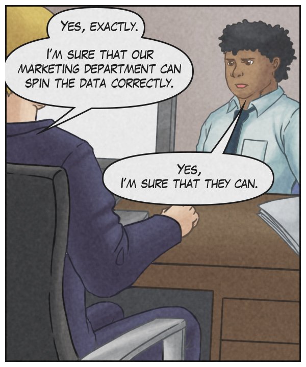 Supervisor: “Yes, exactly. I’m sure that our marketing department can spin the data correctly.” Caedmon: “Yes, I’m sure that they can.”