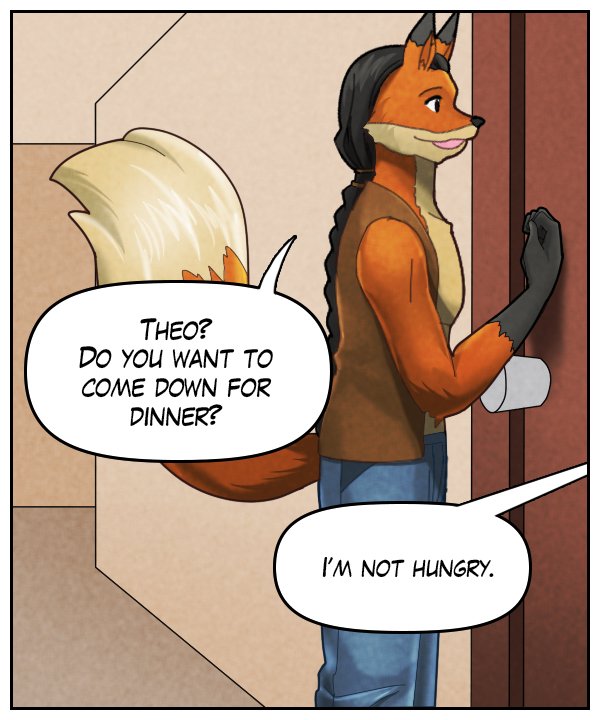 Lightfoot: “Theo? Do you want to come down for dinner?” Theo (out of frame): “I’m not hungry.”