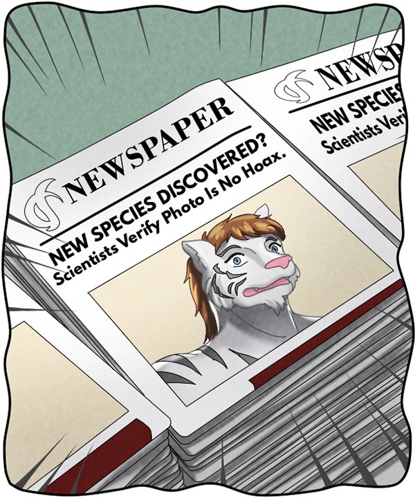 Newspaper headline: NEW SPECIES DISCOVERED? Scientists Verify Photo Is No Hoax