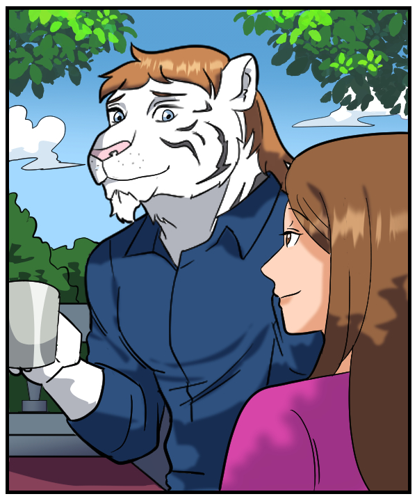 Cora looks at Theo, seeing him as his tiger self.