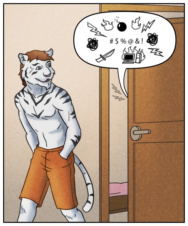 Sheila (from inside her room): Swearing and curses, represented by dingbats.