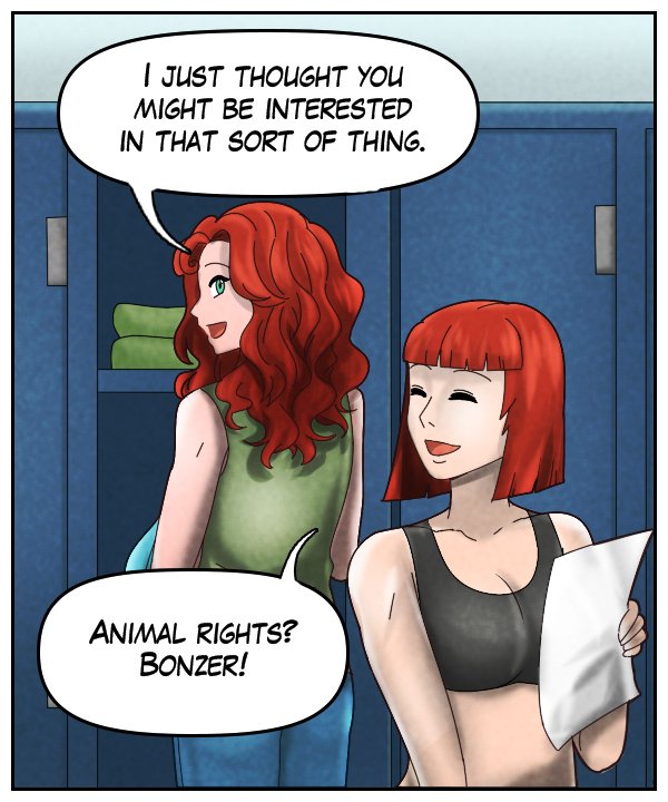 Nickey: “I just thought you might be interested in that sort of thing.” Sheila: “Animal rights? Bonzer!”