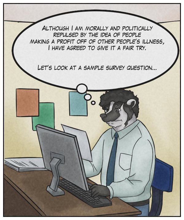 Caedmon (thought bubble): Although I am morally and politically repulsed by the idea of people making a profit off of other people’s illness, I have agreed to give it a fair try. Let’s look at a sample survey question.