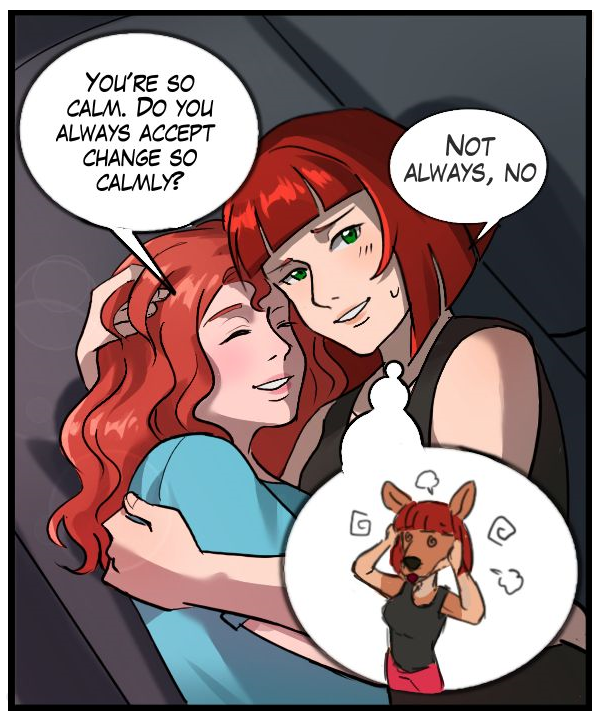 Nickey: “You’re so calm. Do you always accept change so calmly?” Sheila: “Not always, no.” (Sheila’s thought bubble shows her freaking out, the first time she changed into anthro form.)
