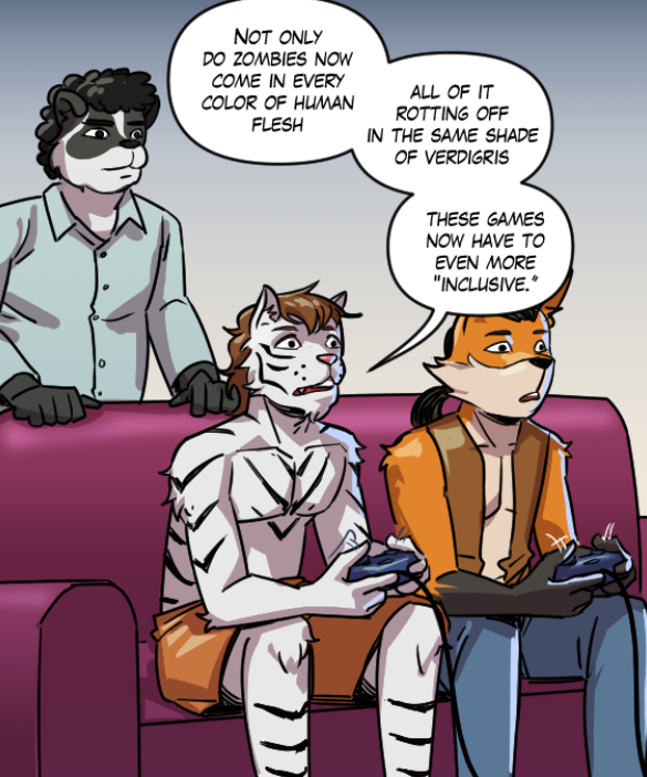 Theo: “Not only do zombies come in every color of human flesh — all of it rotting off in the same shade of verdigris — these games now have to be even more ‘inclusive’.”