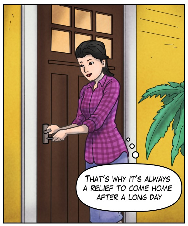 Ophelia (thought bubble): “That’s why it’s always a relief to come home after a long day.”