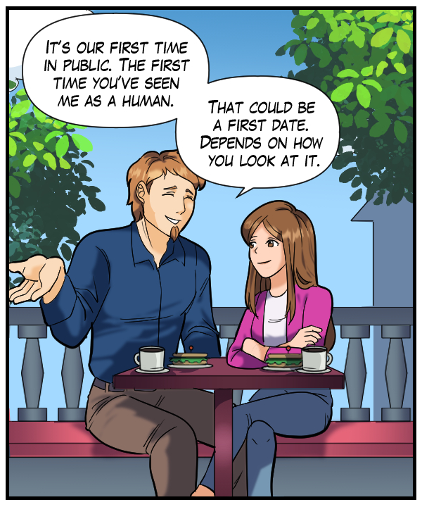 Theo: “It’s our first time in public. The first time you’ve seen me as a human. That could be a first date. Depends on how you look at it.”