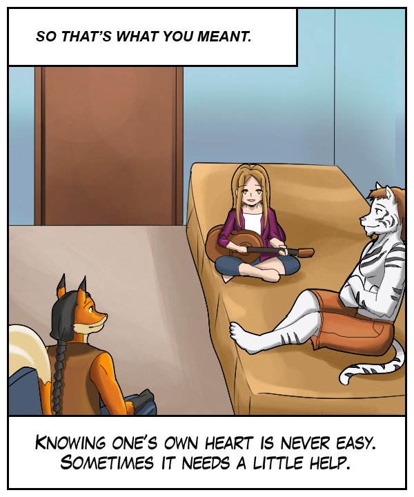 Upper narration bar (Cora’s house): So that’s what you meant. Lower narration bar (Theo’s house): Knowing one’s own heart is never easy. Sometimes it needs a little help.