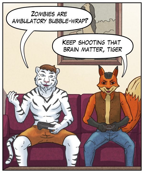 Theo: “Zombies are ambulatory bubble-wrap?” Lightfoot: “Keep shooting that brain matter, tiger.”