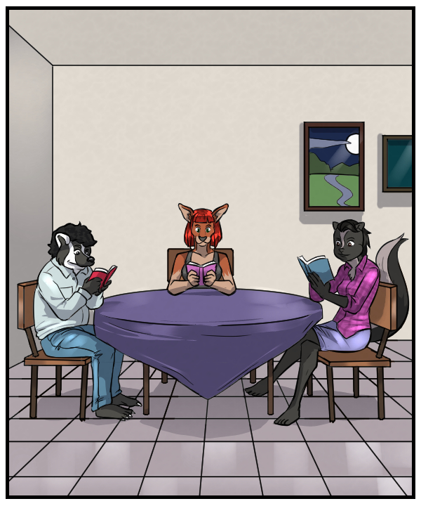 Caedmon, Sheila, and Ophelia are reading at the kitchen table.