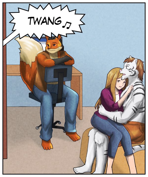 From Theo’s closet, we hear a loud TWANG.