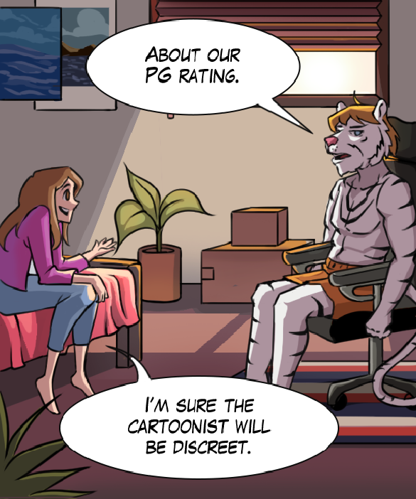 Theo: “About our PG rating.” Cora: “I’m sure the cartoonist will be discreet.”