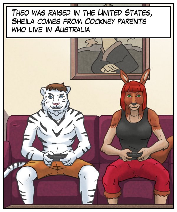 Narration bar: “Theo was raised in the United States. Sheila comes from cockney parents who live in Australia.”