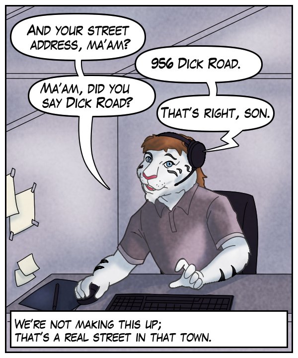 Theo: “And your street address, ma’am?” Voice on phone: “ 955 Dick Road.” Theo: “Ma’am, did you say Dick Road?” Voice on phone: “That’s right, son.” Narration bar: We’re not making this up; that’s a real street in that town.