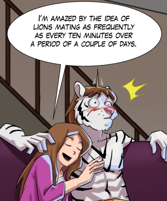 Cora: “I’m amazed by the idea of lions mating as frequently as every ten minutes over a period of a couple of days.”