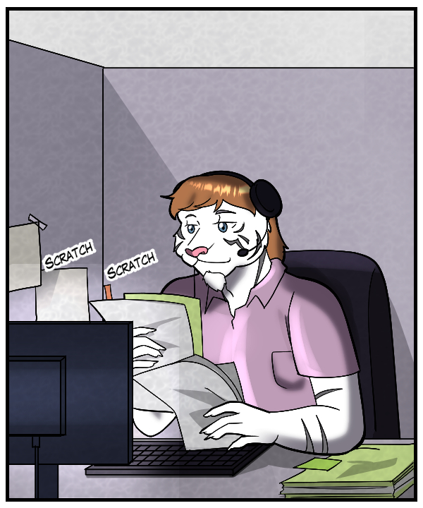 Once more, Theo is just sorting through papers at his desk.