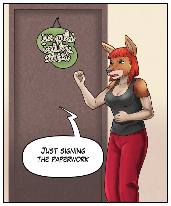 Voice inside the water closet: “Just signing the paperwork.”